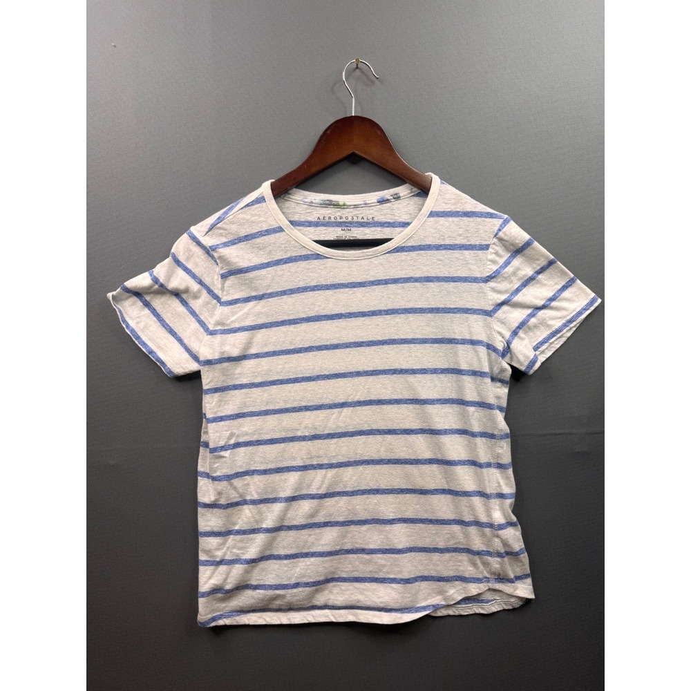 Aeropostale Womens Medium Blue White Striped Short Sleeve Crew Neck T-Shirt